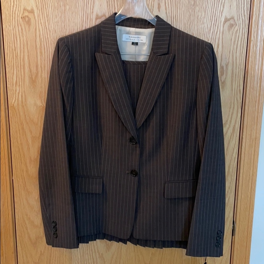 Brown skirt suit with cream pinstripe